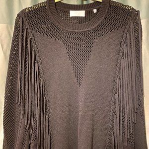 7 for all mankind black dressy sweater v-front Open Weave Fringe, S